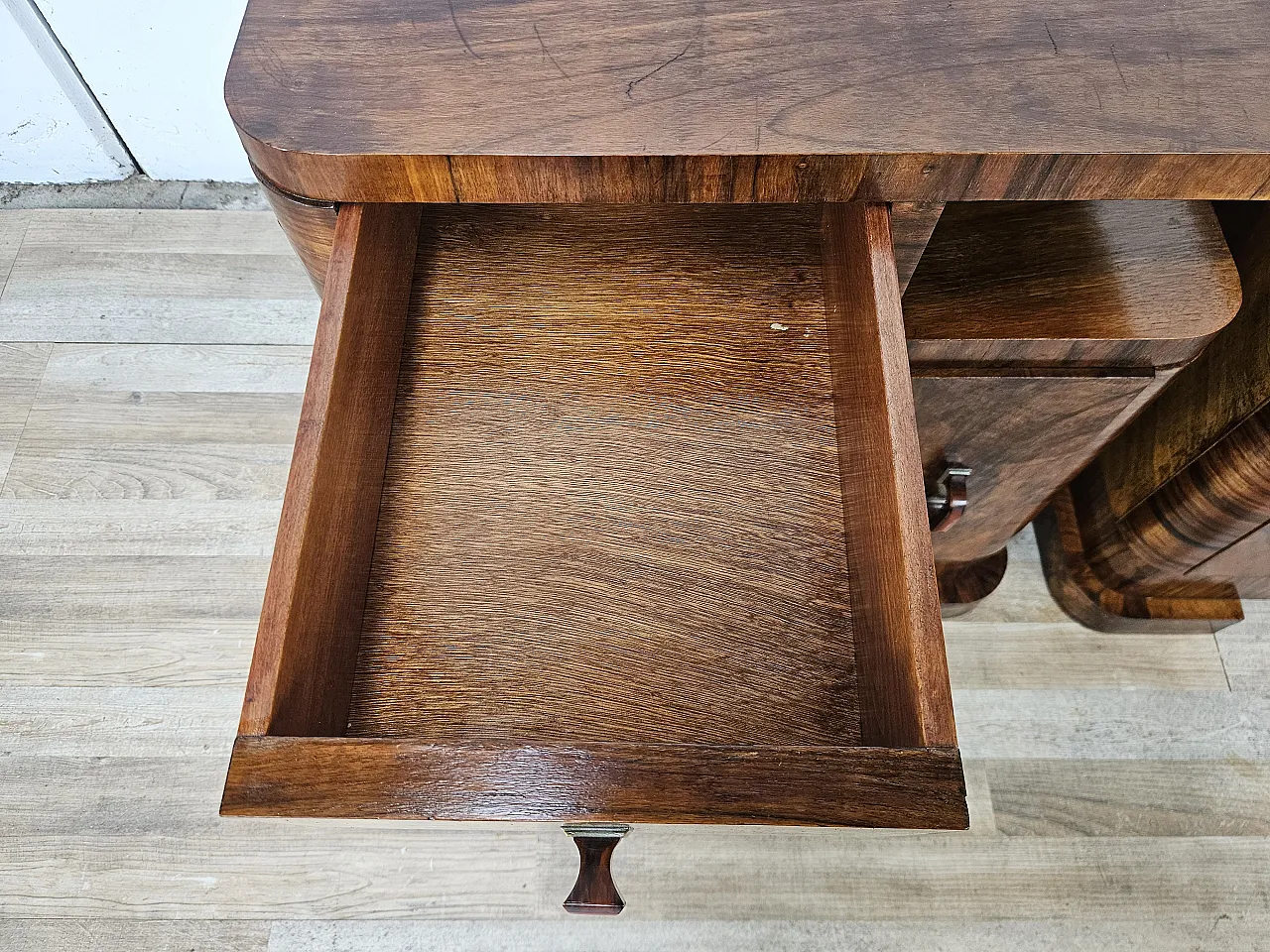 Art Deco Linear and Geometric Bedside Tables in Walnut, 50s 16
