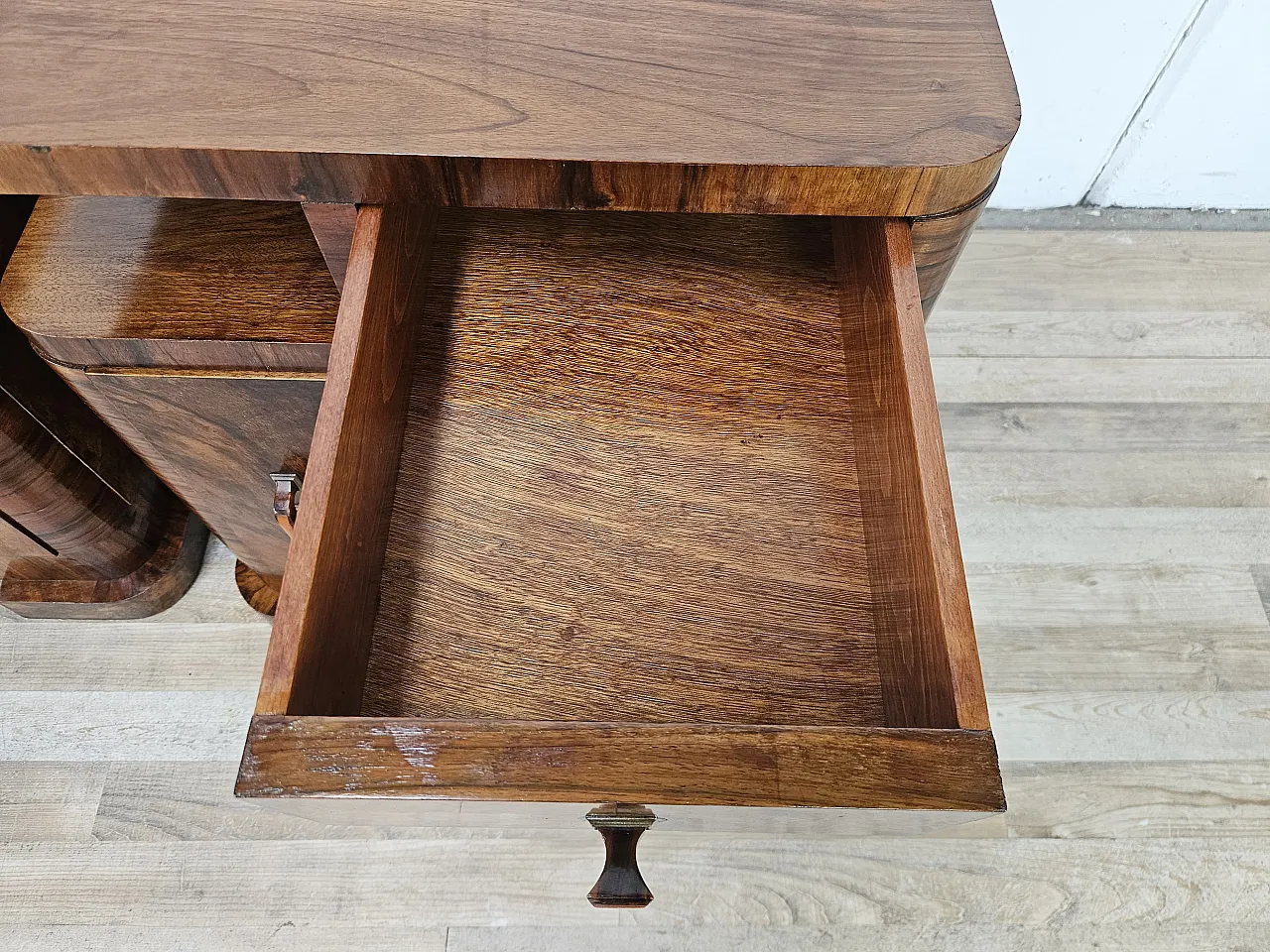 Art Deco Linear and Geometric Bedside Tables in Walnut, 50s 17