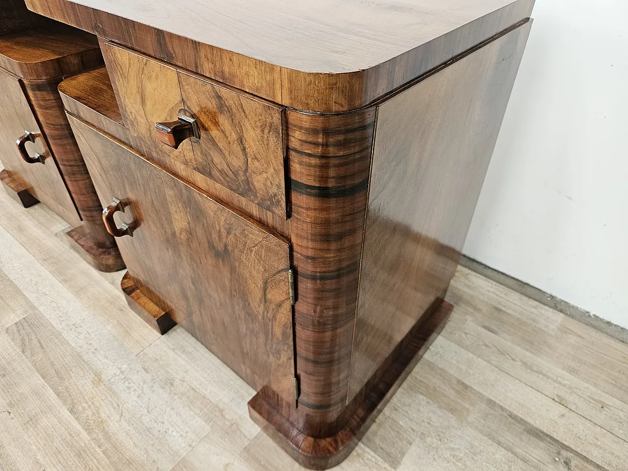 Art Deco Linear and Geometric Bedside Tables in Walnut, 50s 18