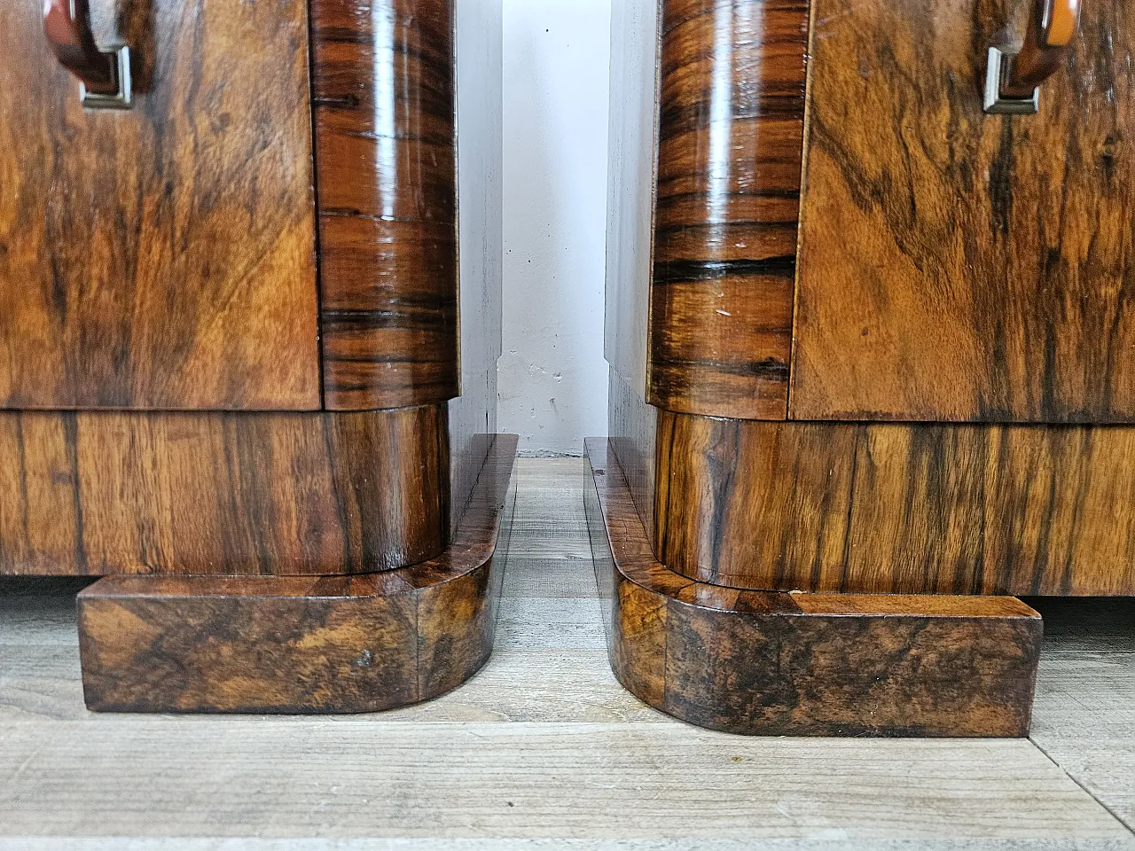 Art Deco Linear and Geometric Bedside Tables in Walnut, 50s 20