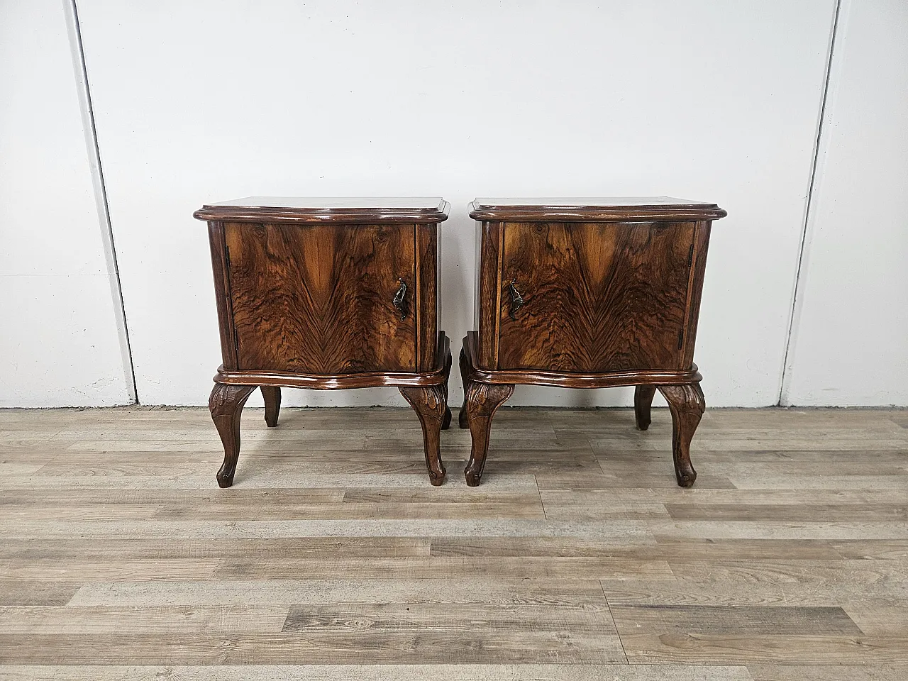Chippendale bedside tables with curved doors and carved legs, 50s 1