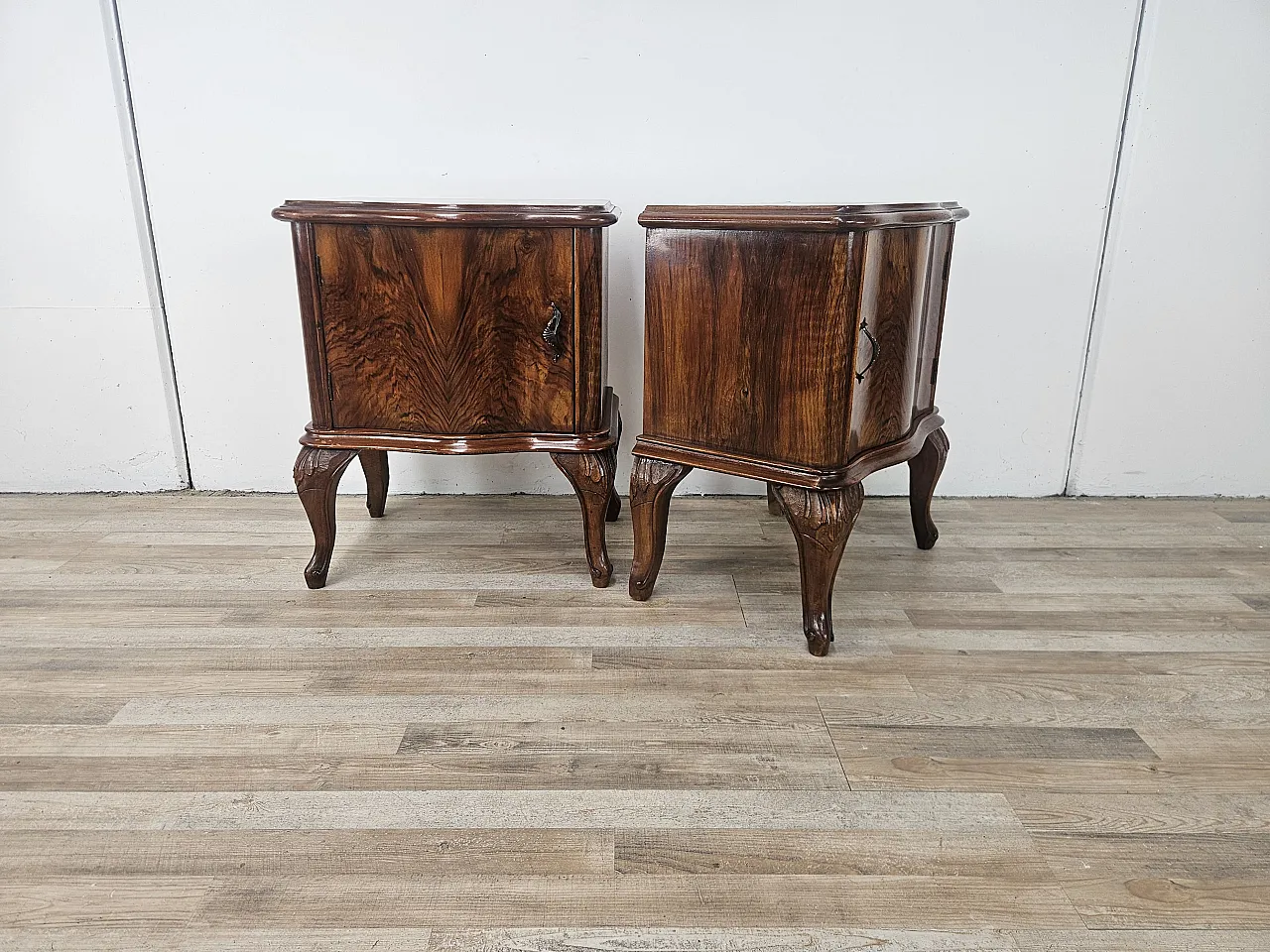 Chippendale bedside tables with curved doors and carved legs, 50s 2