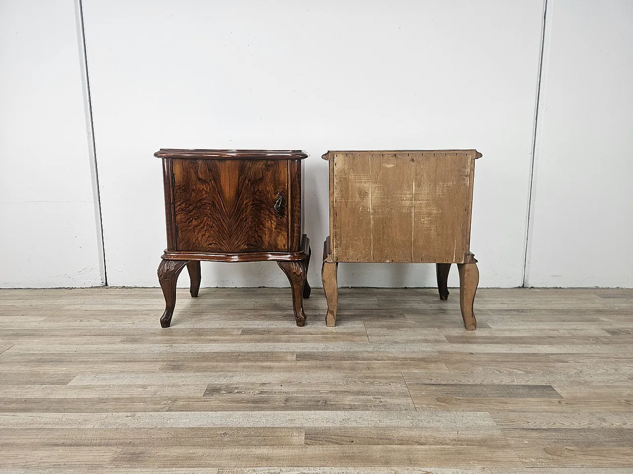 Chippendale bedside tables with curved doors and carved legs, 50s 3