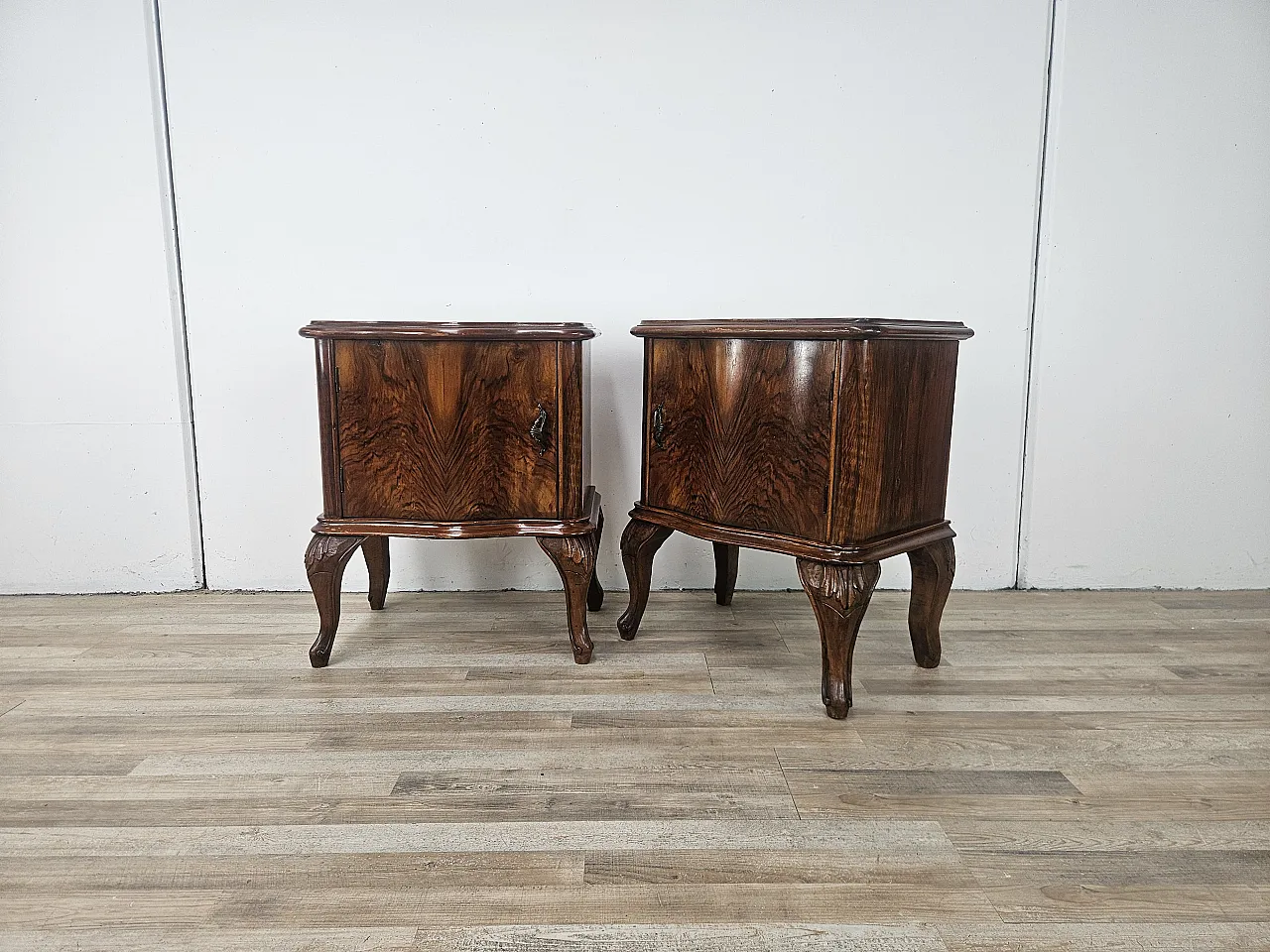 Chippendale bedside tables with curved doors and carved legs, 50s 4