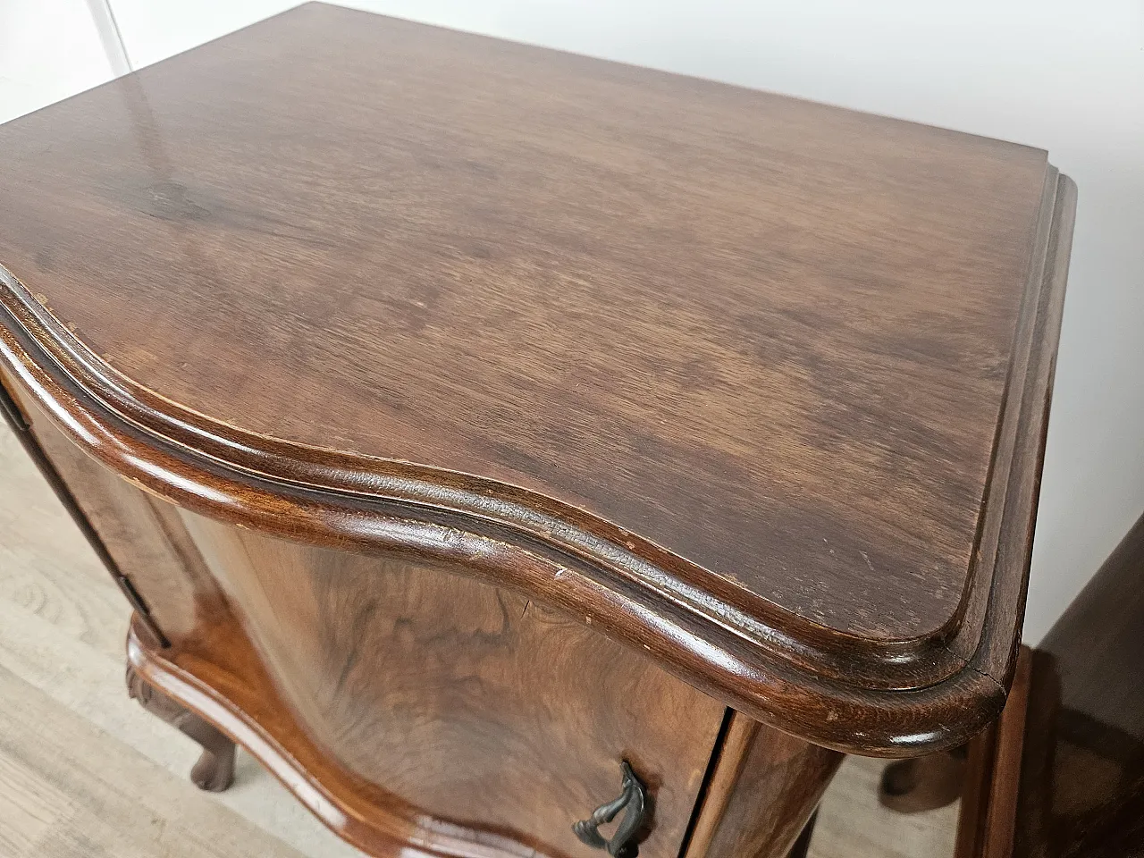 Chippendale bedside tables with curved doors and carved legs, 50s 7