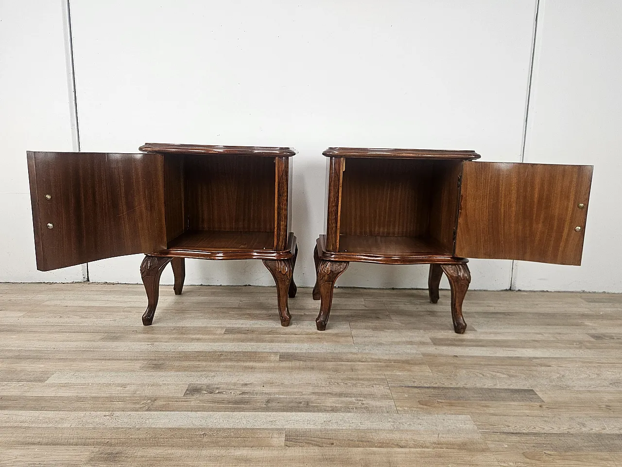 Chippendale bedside tables with curved doors and carved legs, 50s 10