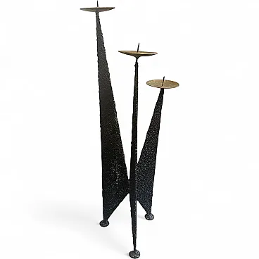 Brutalist iron and brass three arms candelabra, 1980s