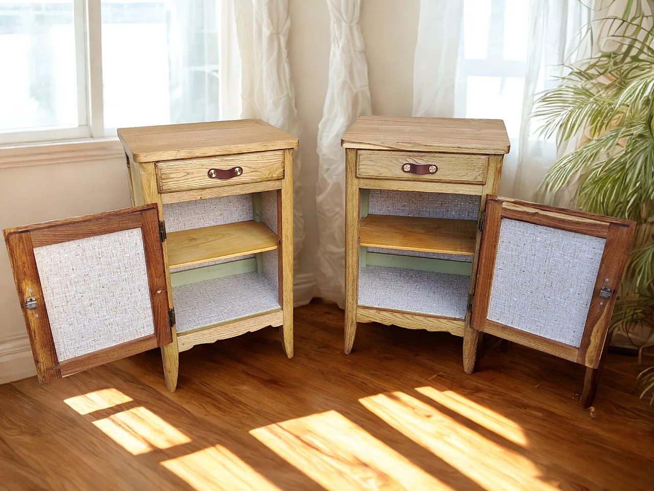 Pair of restored bedside tables leather handles, 1960s 1