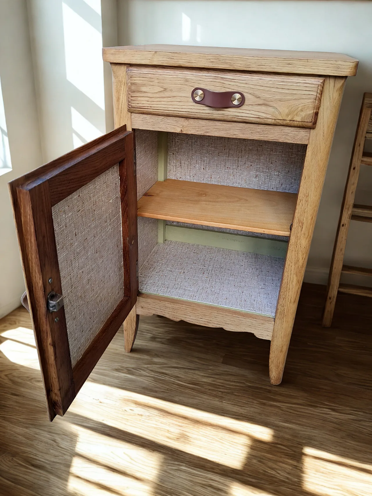Pair of restored bedside tables leather handles, 1960s 2