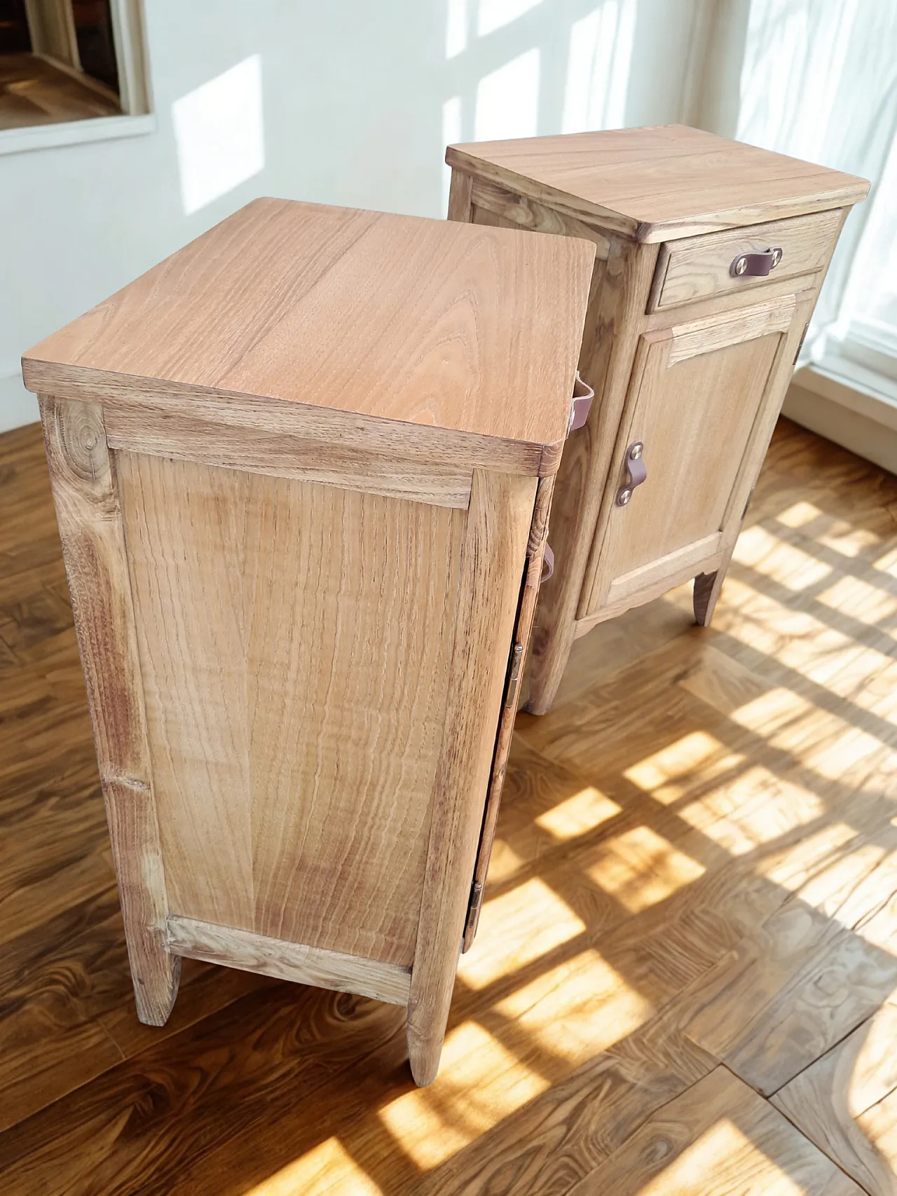 Pair of restored bedside tables leather handles, 1960s 4