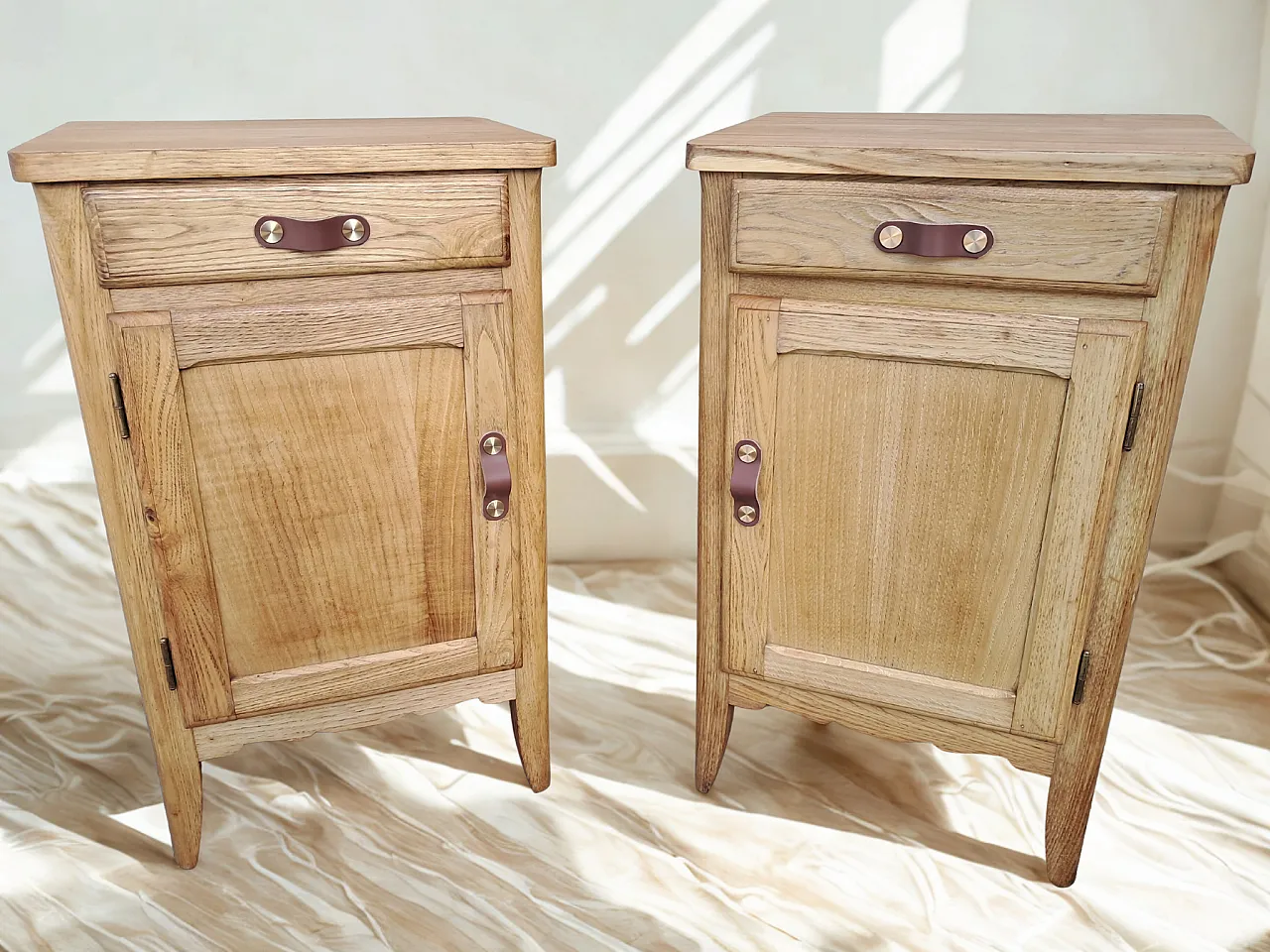 Pair of restored bedside tables leather handles, 1960s 5