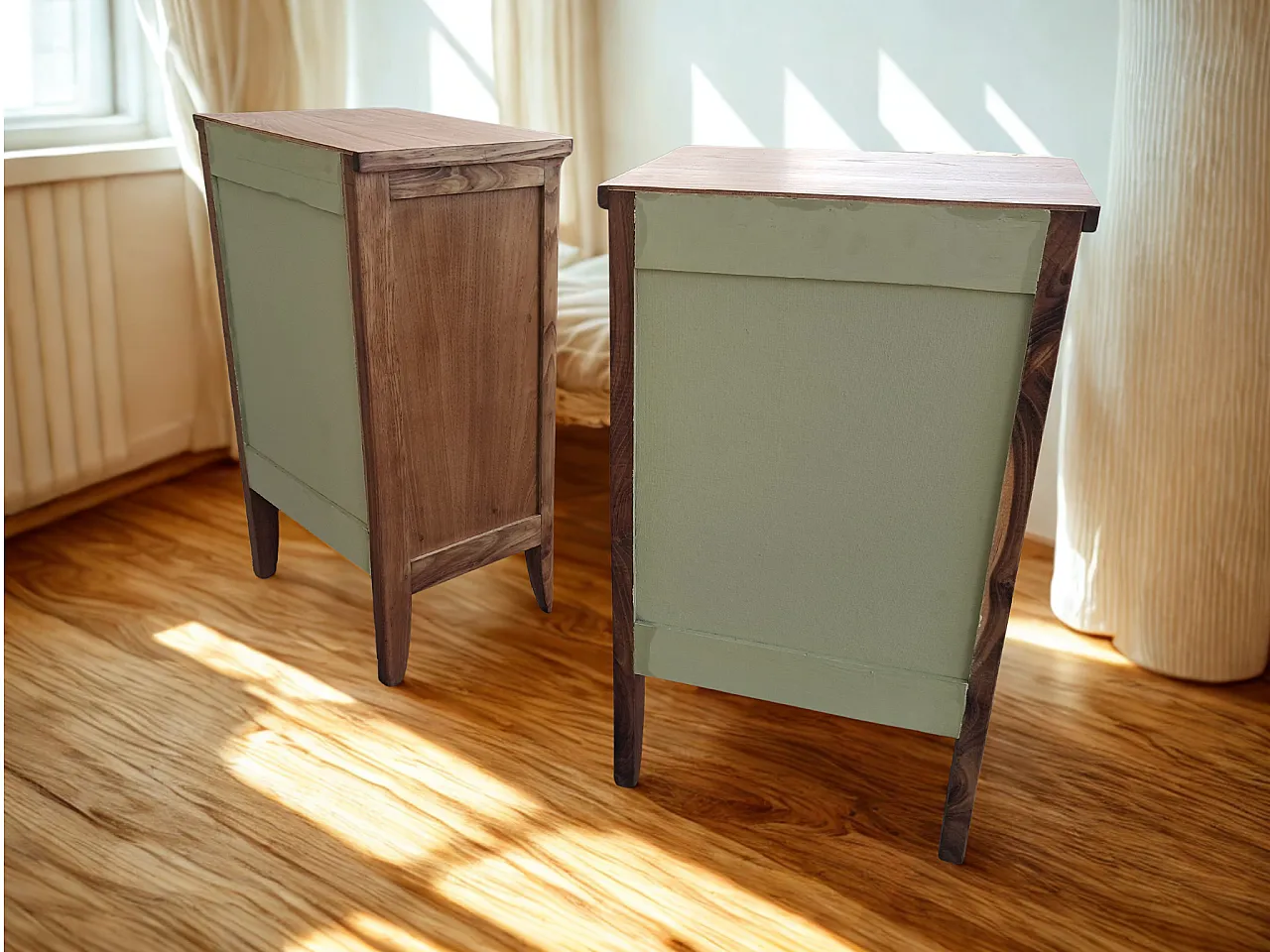 Pair of restored bedside tables leather handles, 1960s 7