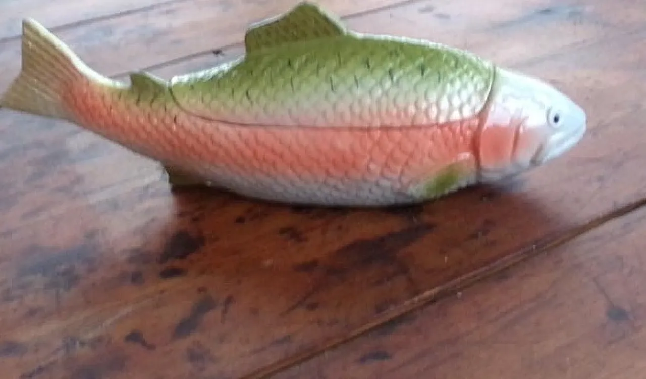 Salmon Pate Dish Faience Terrine Green and Pink. 70s 1