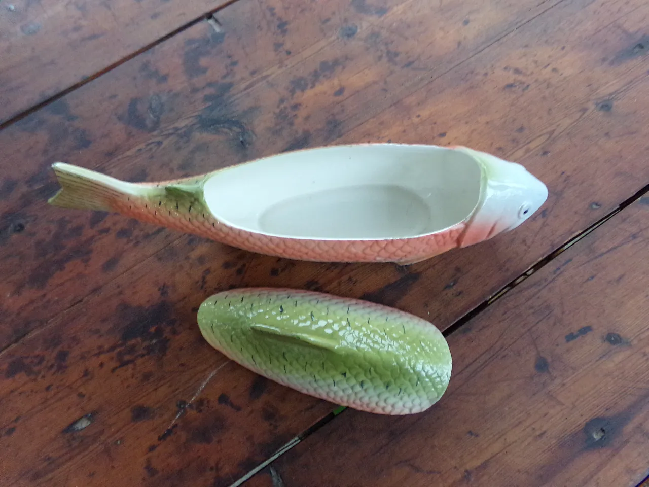 Salmon Pate Dish Faience Terrine Green and Pink. 70s 3