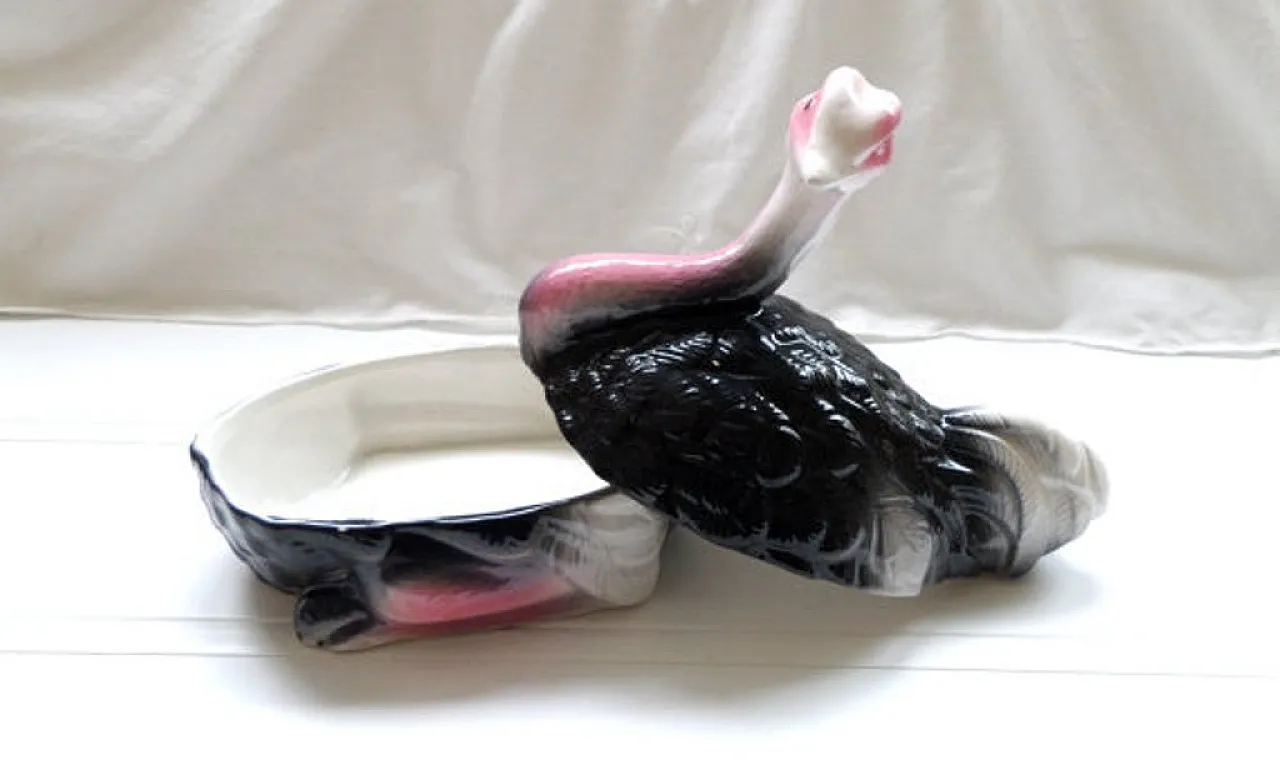 Ostrich Pate Dish Faience Terrine Pink, White and Black 70s 1