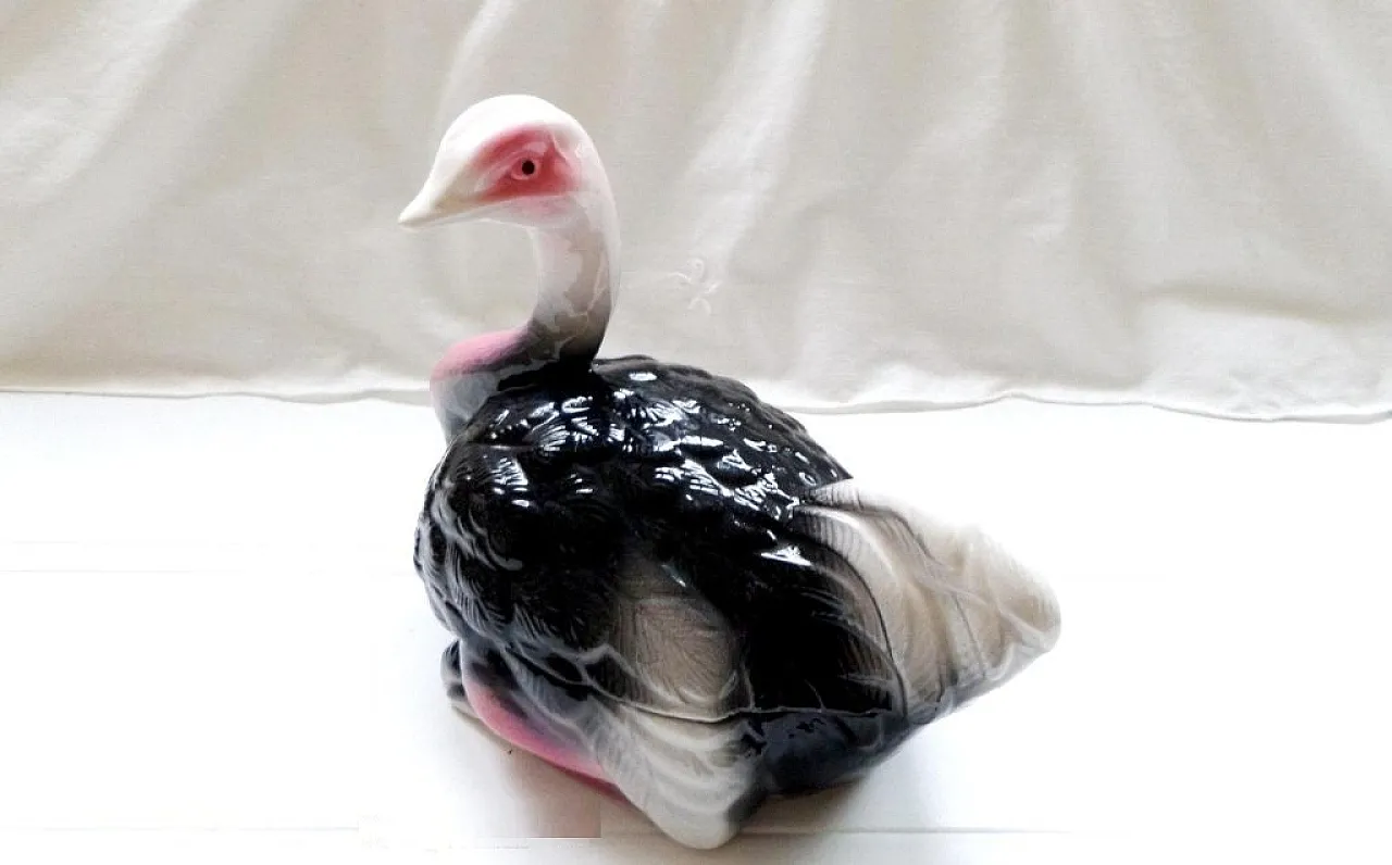 Ostrich Pate Dish Faience Terrine Pink, White and Black 70s 2