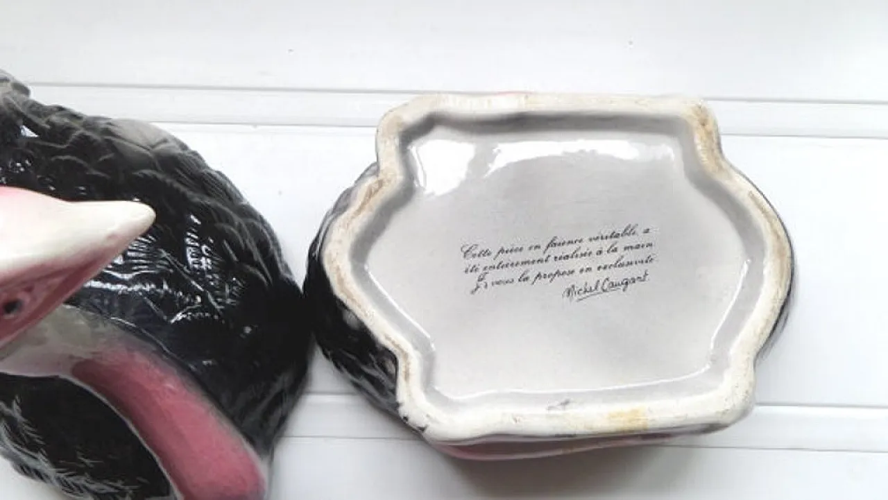 Ostrich Pate Dish Faience Terrine Pink, White and Black 70s 3
