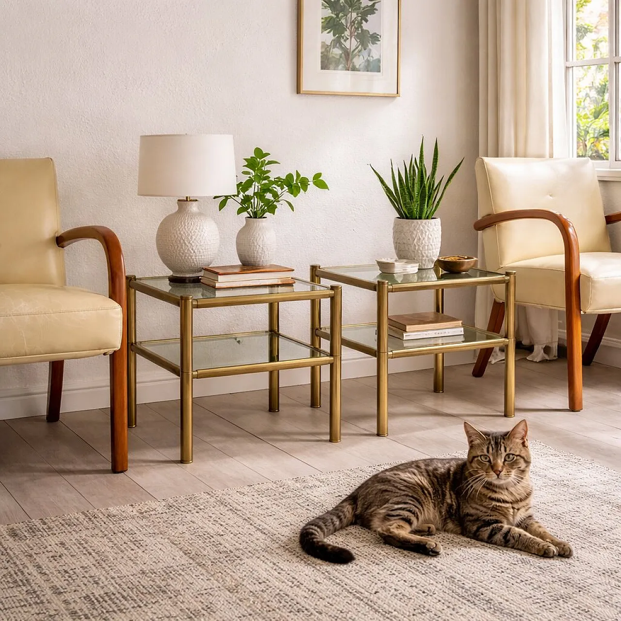 Coppia di tavolini con piani in vetro e strutture in ottone, '900 2