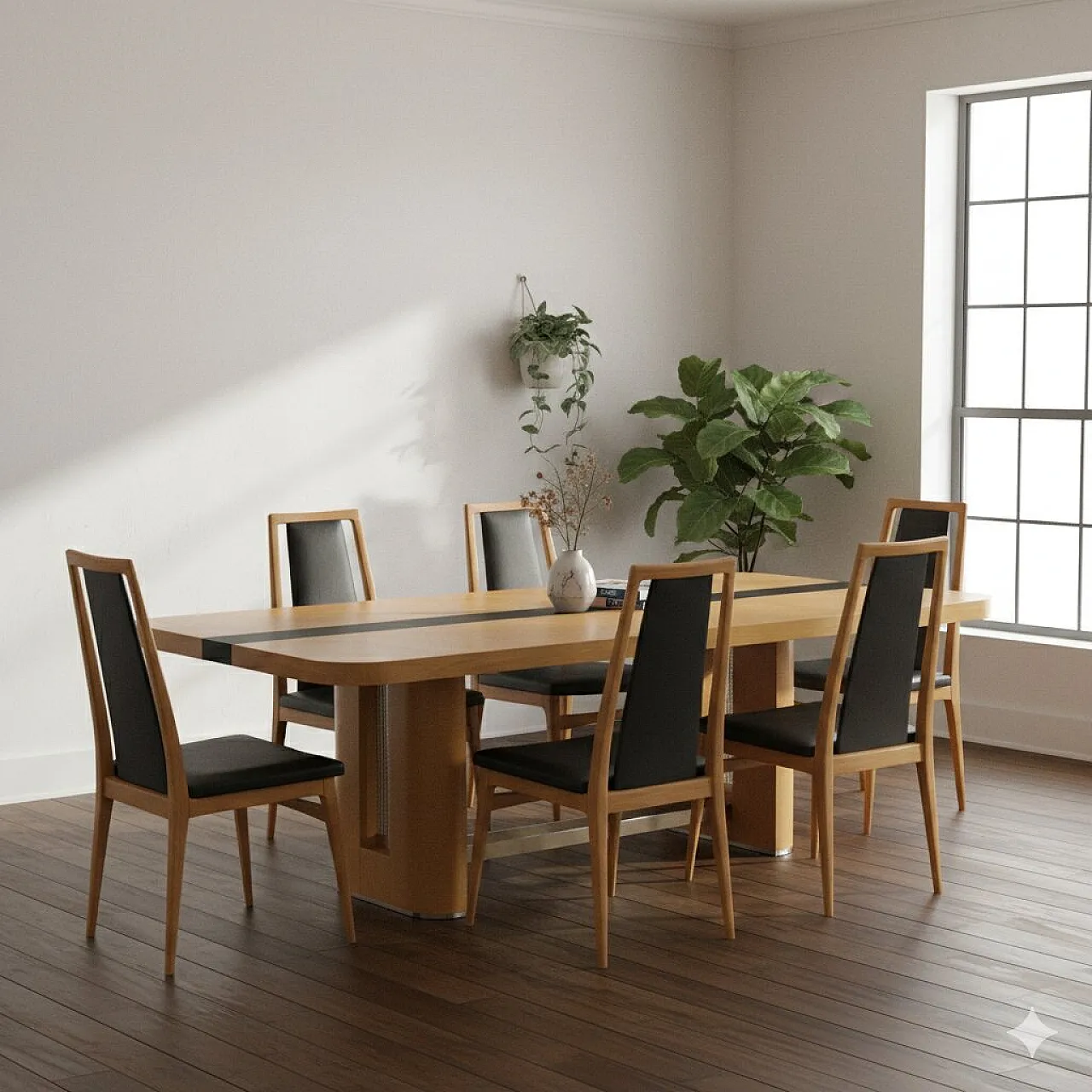 6 Sedie in faggio, espanso, similpelle e ottone, '900 2