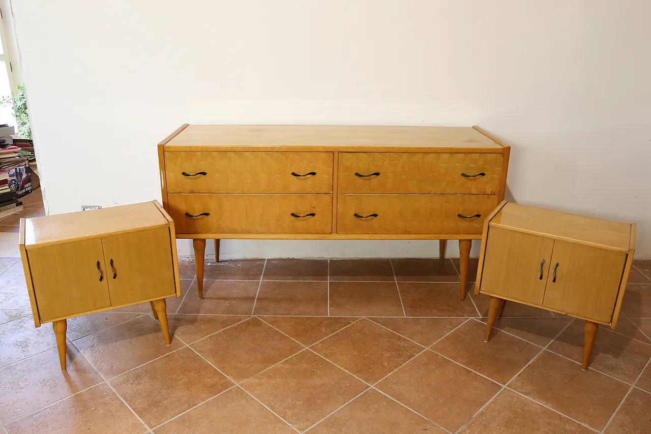 Birch bedroom bedside table and dresser by Mario Toresan, 70s 1