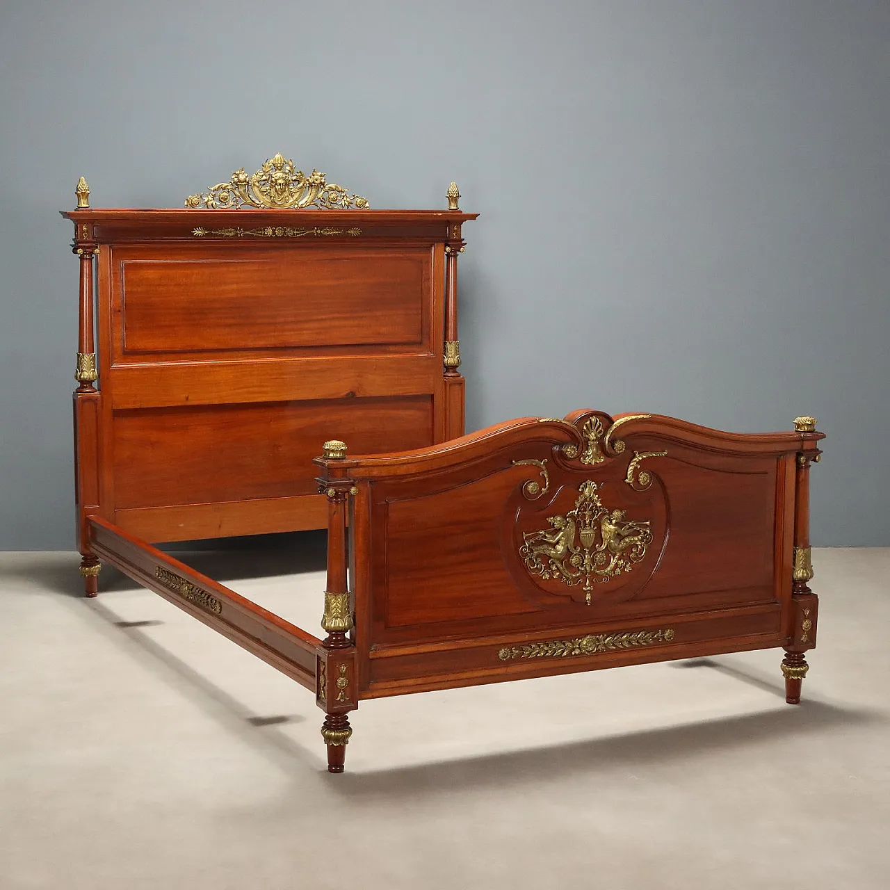 Double bed in mahogany and chiseled and gilded bronze, 20th century 1
