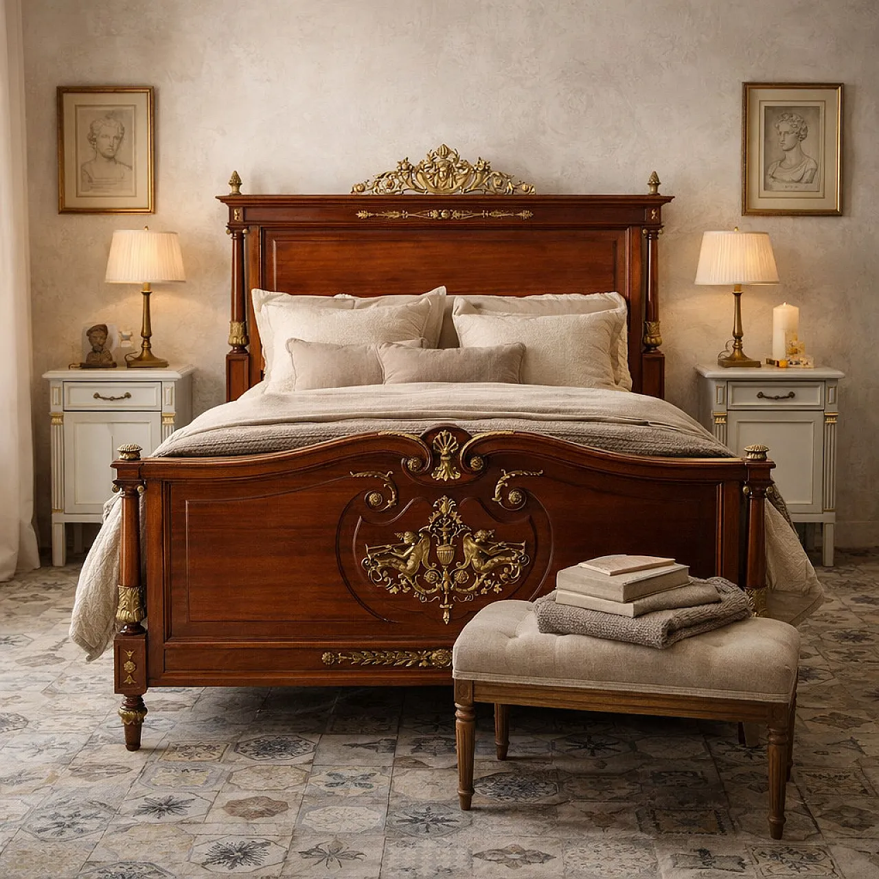 Double bed in mahogany and chiseled and gilded bronze, 20th century 2