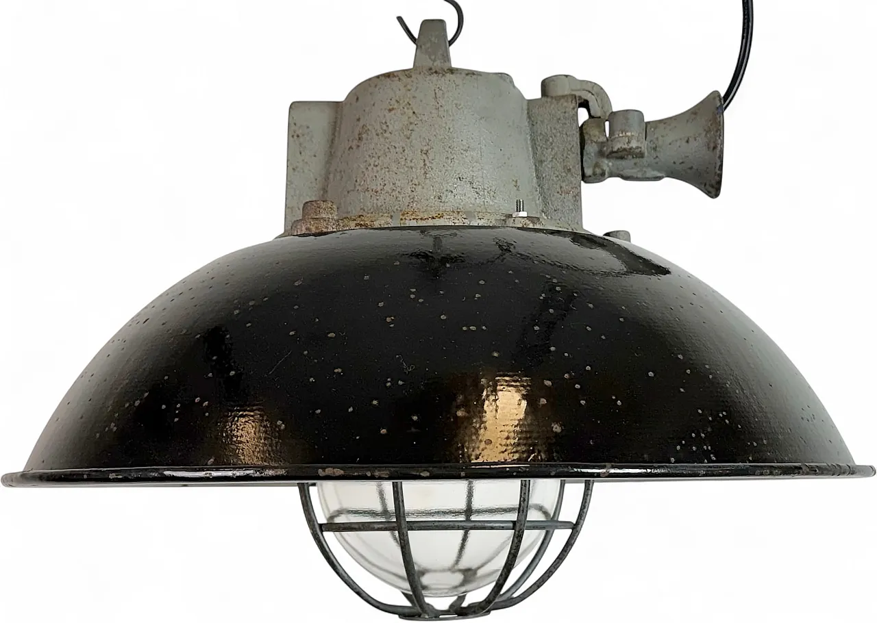 Black Enamel and Cast Iron Industrial Cage Pendant Light, 1960s 20