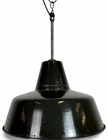Industrial Black Enamel Factory Lamp with Iron Top, 1950s
