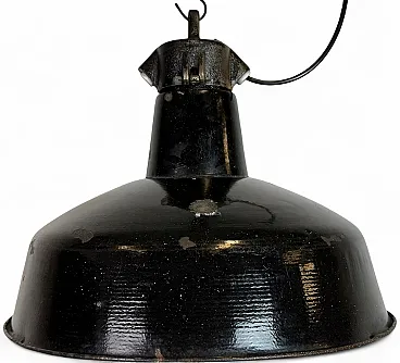 Industrial Black Enamel Factory Lamp with Cast Iron Top, 1950s