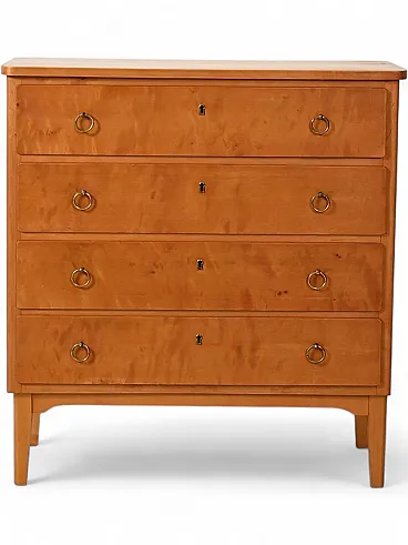 Cassettiera scandinava in betulla con maniglie in ottone, anni '50