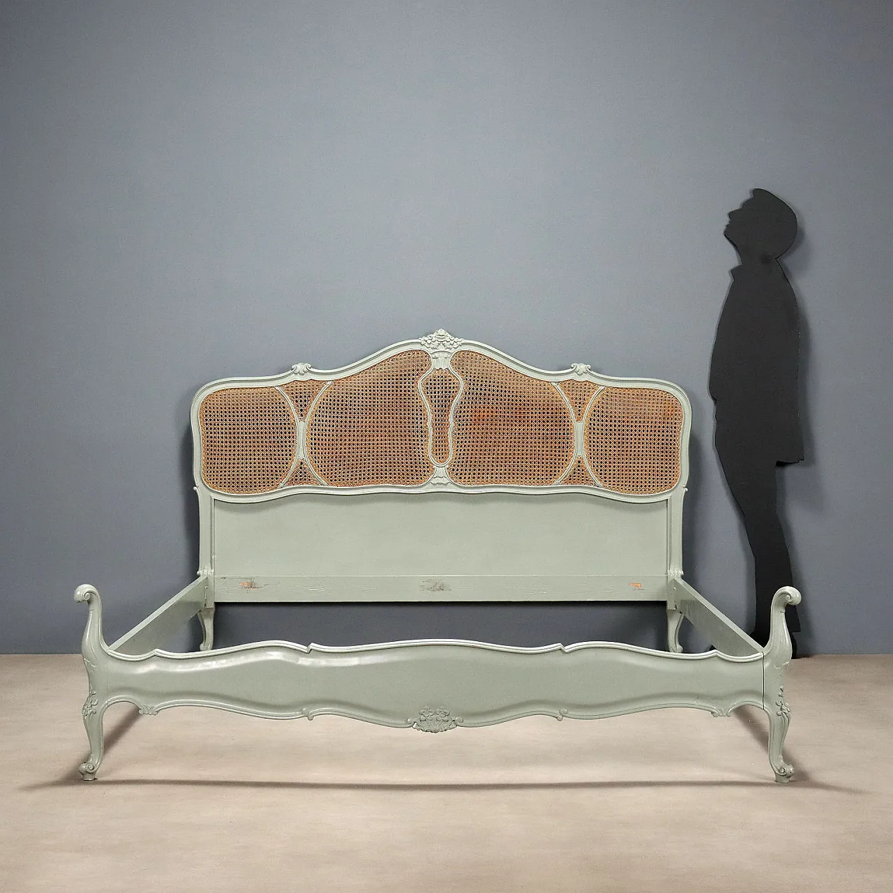 Lacquered double bed with carvings and cane inserts, 20th century 3