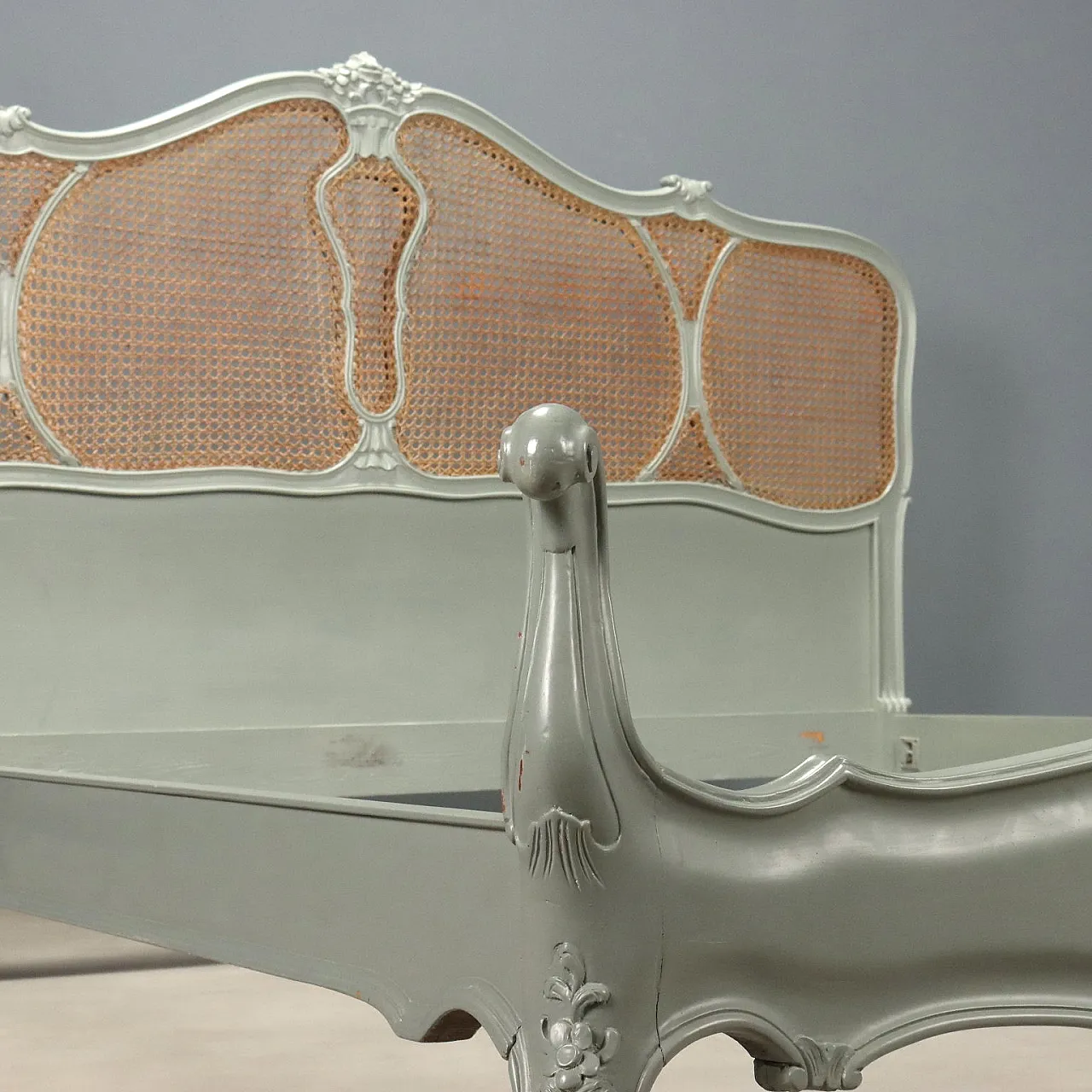 Lacquered double bed with carvings and cane inserts, 20th century 4