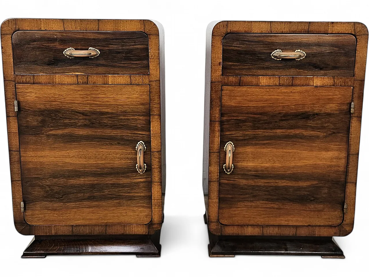 Art Deco walnut bedside tables with door and drawer, 50s 20