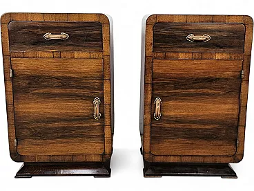 Art Deco walnut bedside tables with door and drawer, 50s