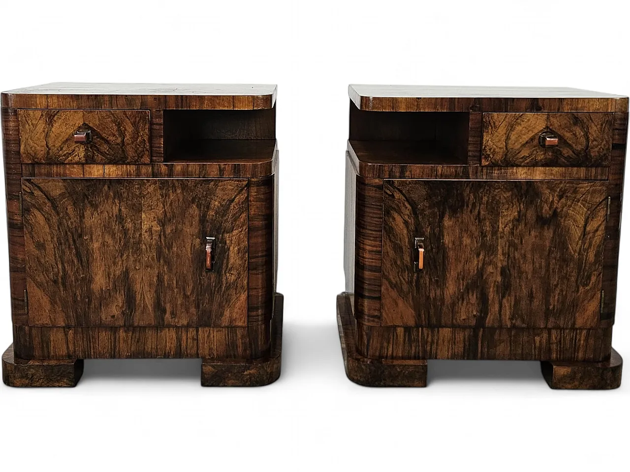 Art Deco Linear and Geometric Bedside Tables in Walnut, 50s 21