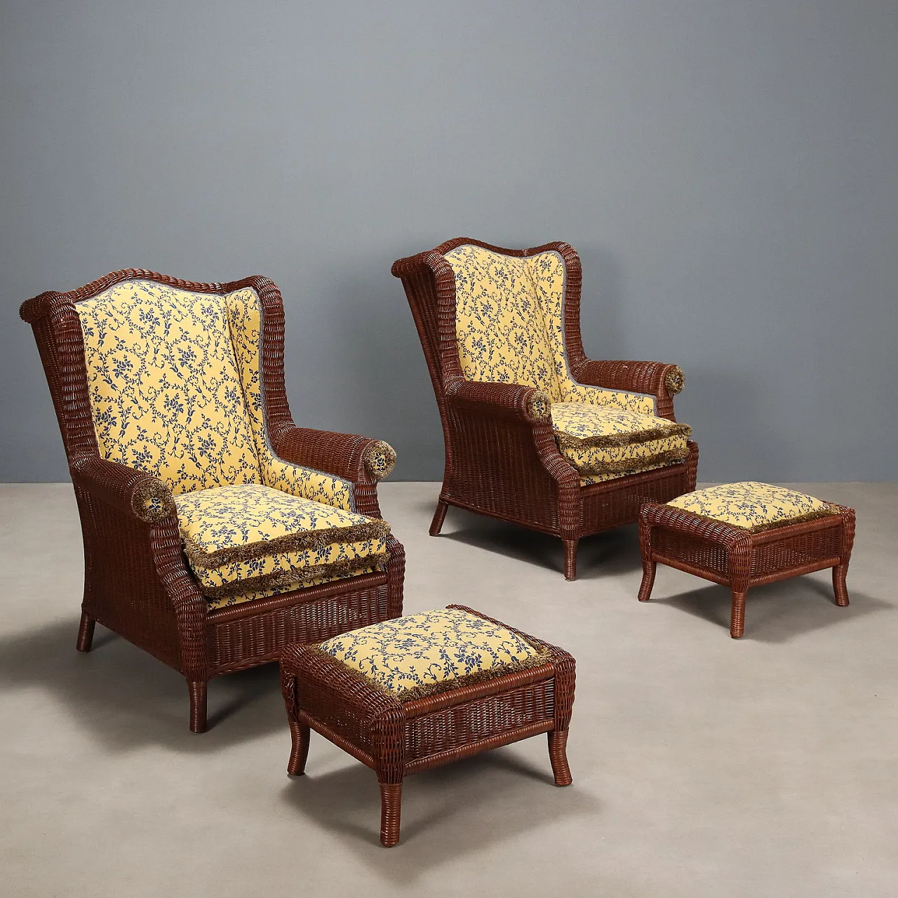 Pair of rattan armchairs with ottomans, 20th century 1