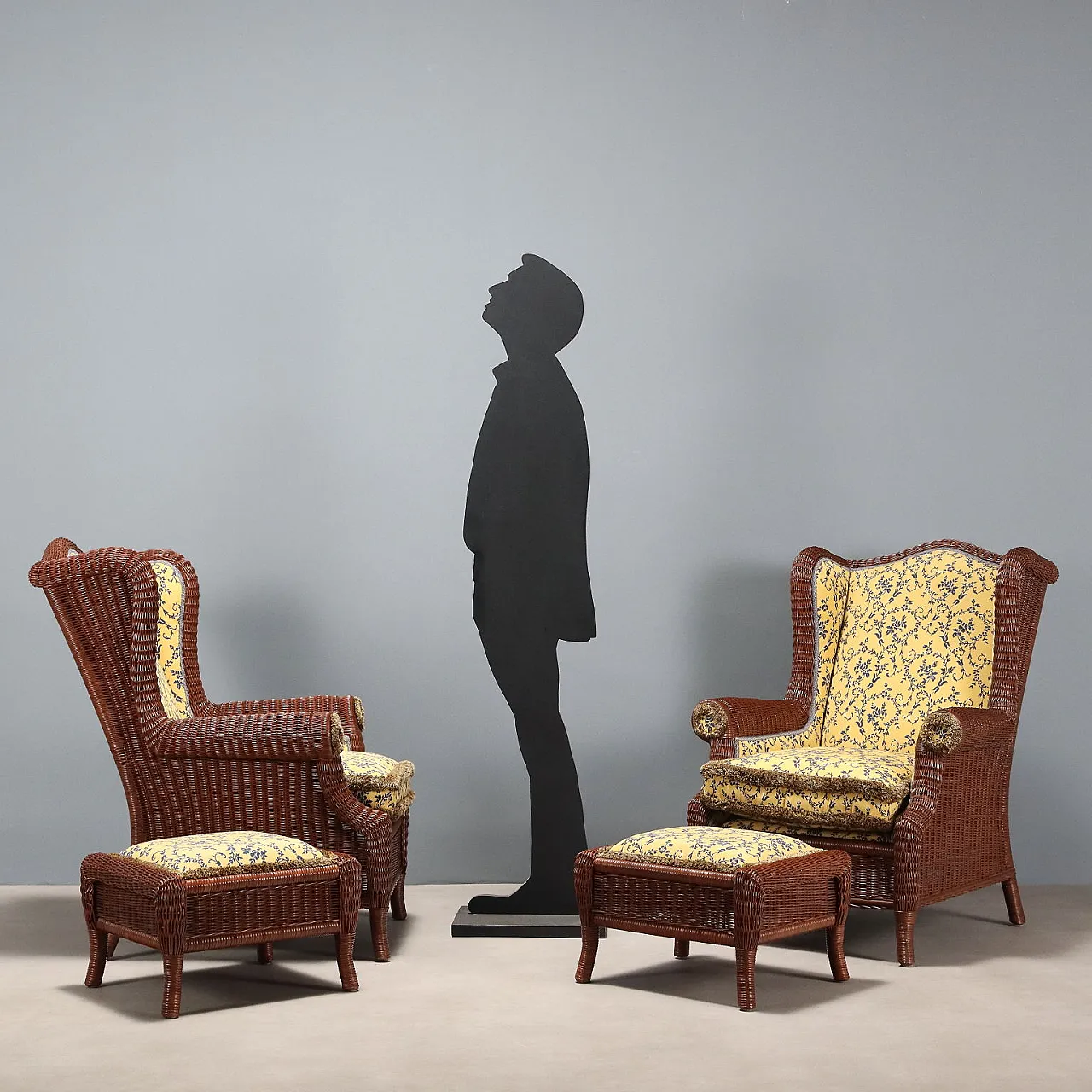 Pair of rattan armchairs with ottomans, 20th century 2