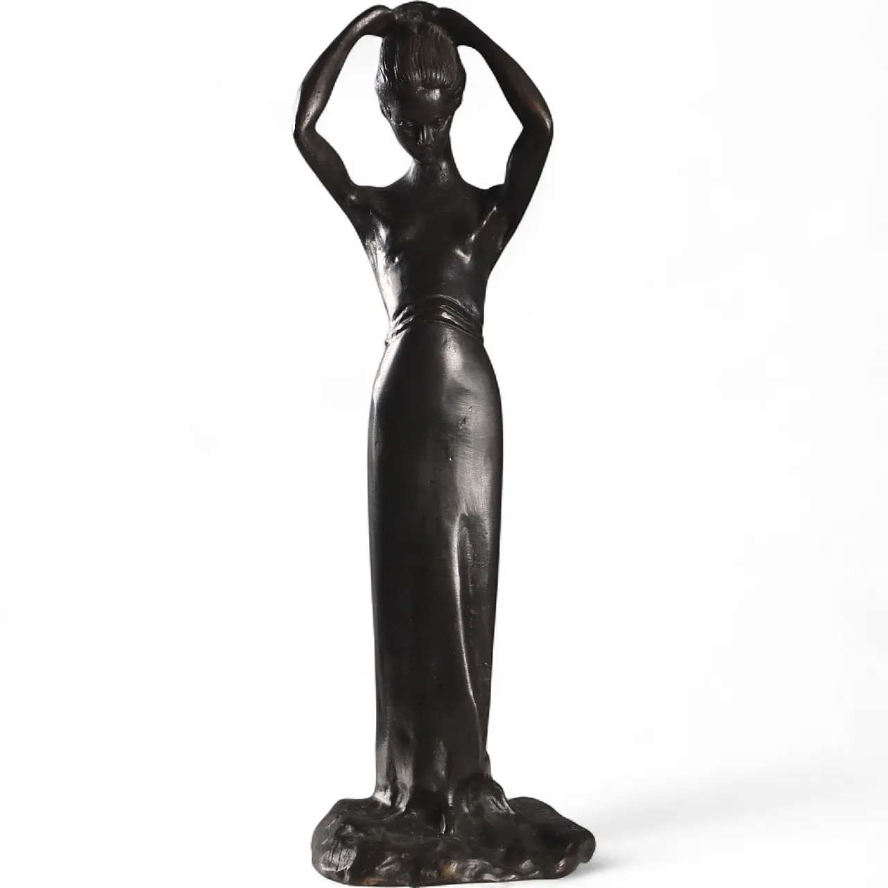 Fanciulla con le mani tra i capelli, scultura in bronzo, '900 9