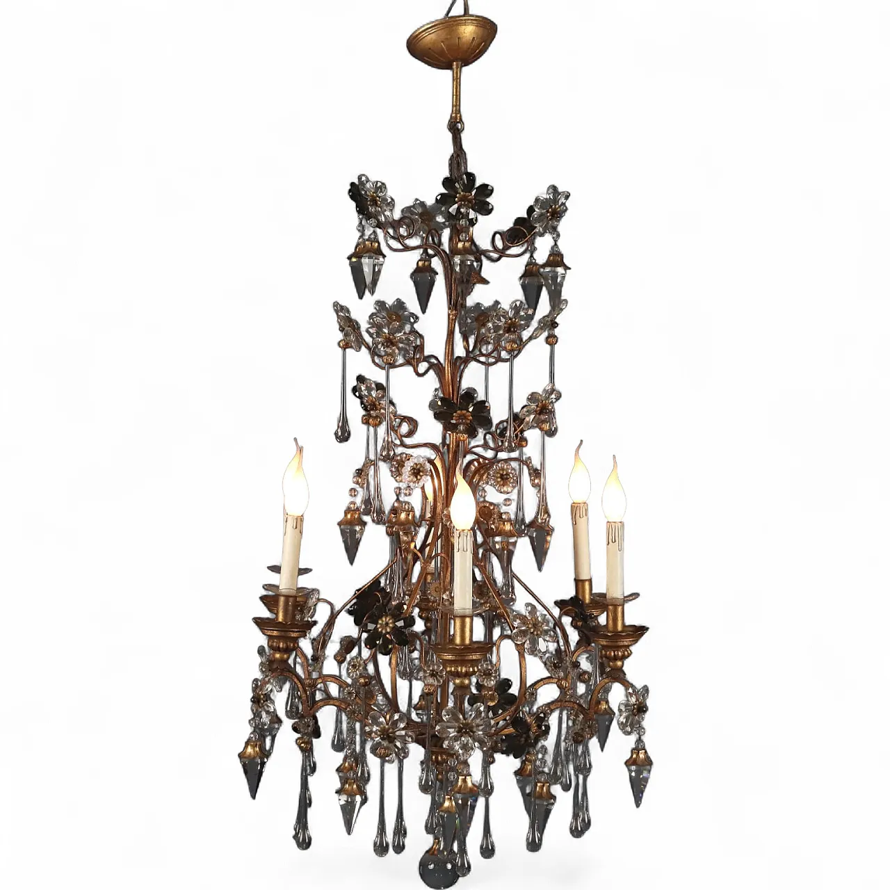 Lampadario in ferro dorato con pendenti in vetro, primo '900 11