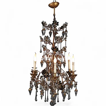 Lampadario in ferro dorato con pendenti in vetro, primo '900