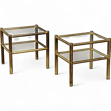 Coppia di tavolini con piani in vetro e strutture in ottone, '900