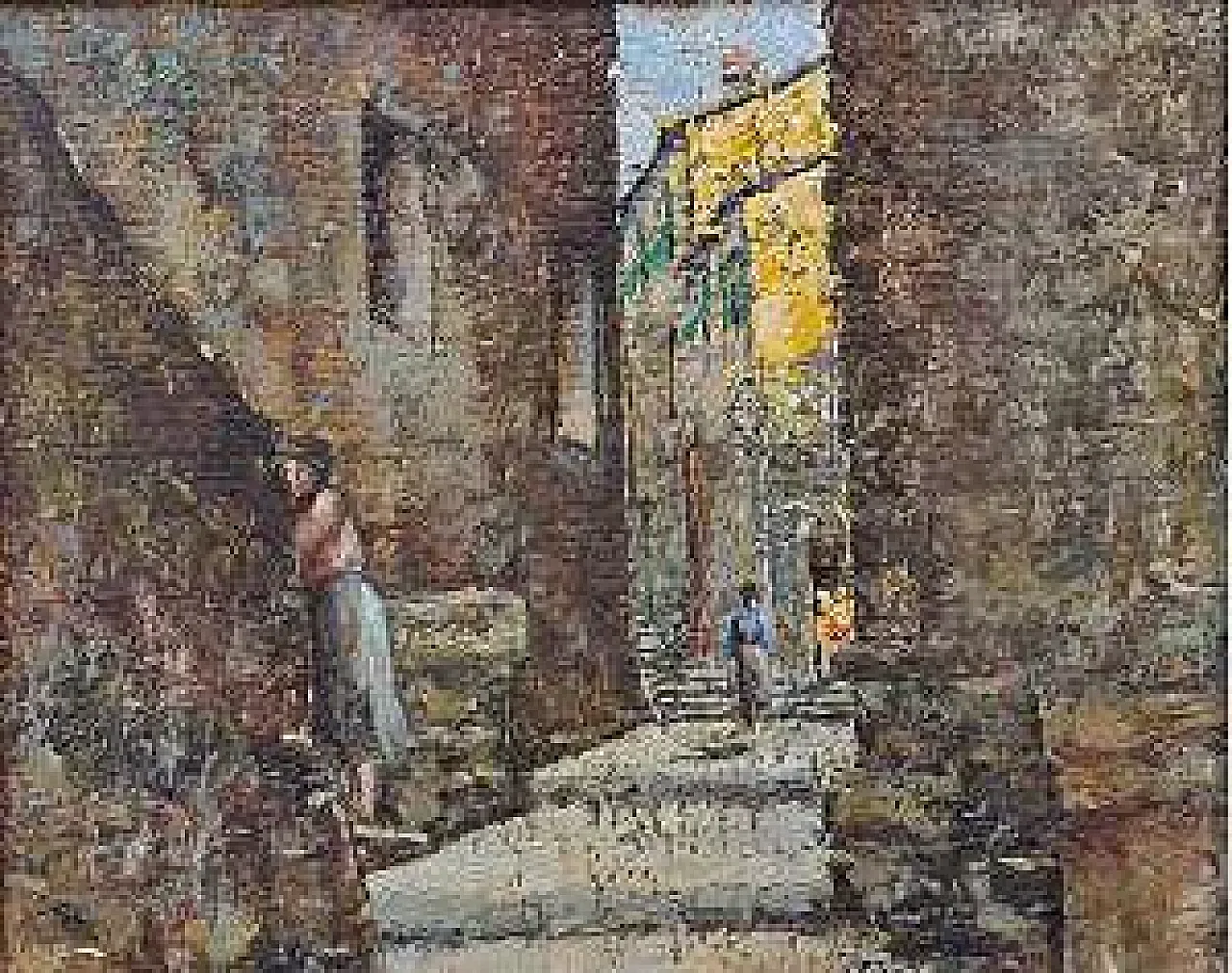 A glimpse of a village by Adolfo Tommasi, oil on canvas, 19th century 3