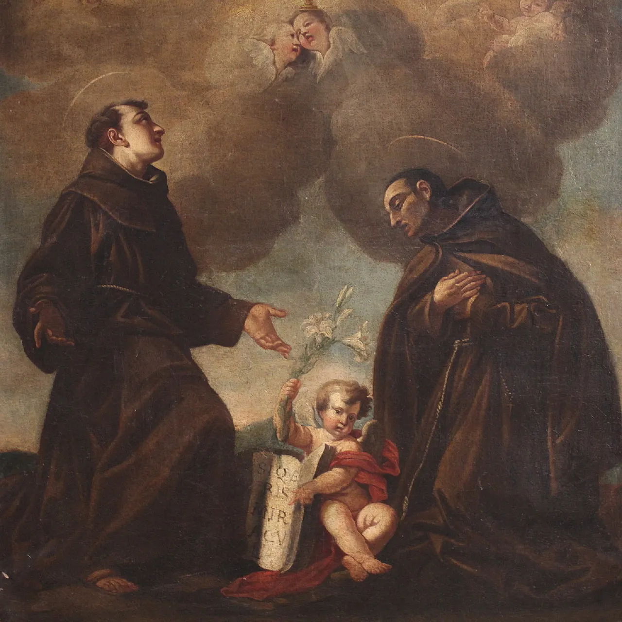 Italian painting of adoration of friars with cherubs, 17th century 1