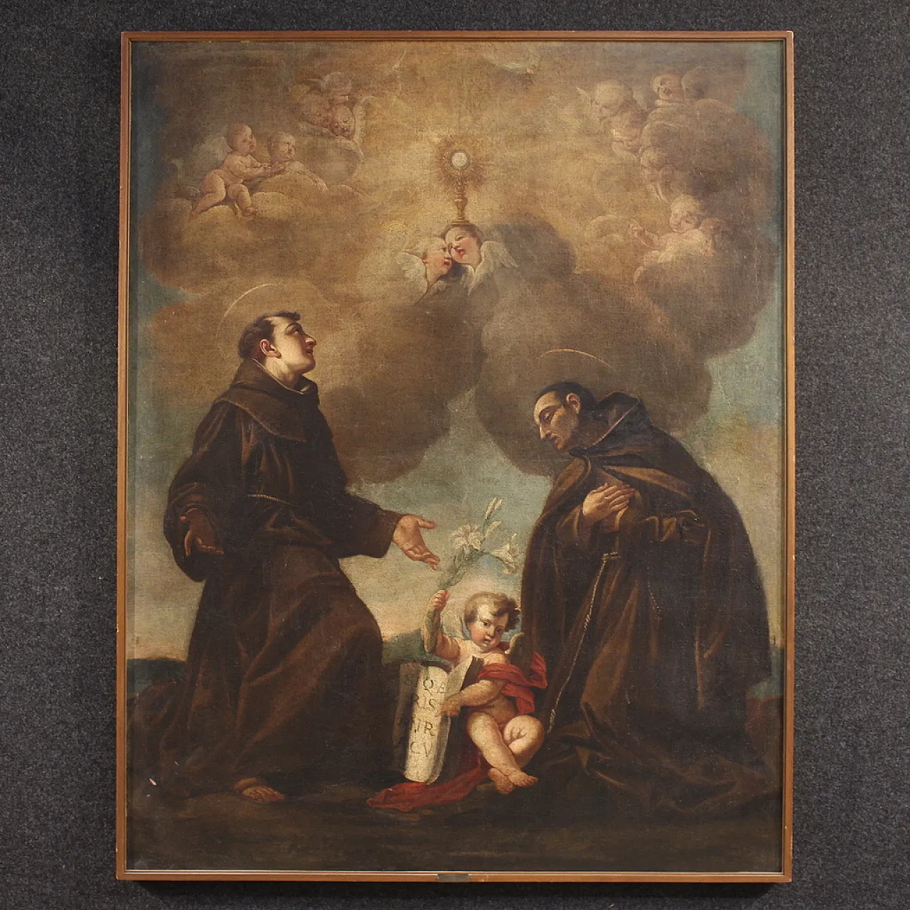 Italian painting of adoration of friars with cherubs, 17th century 2