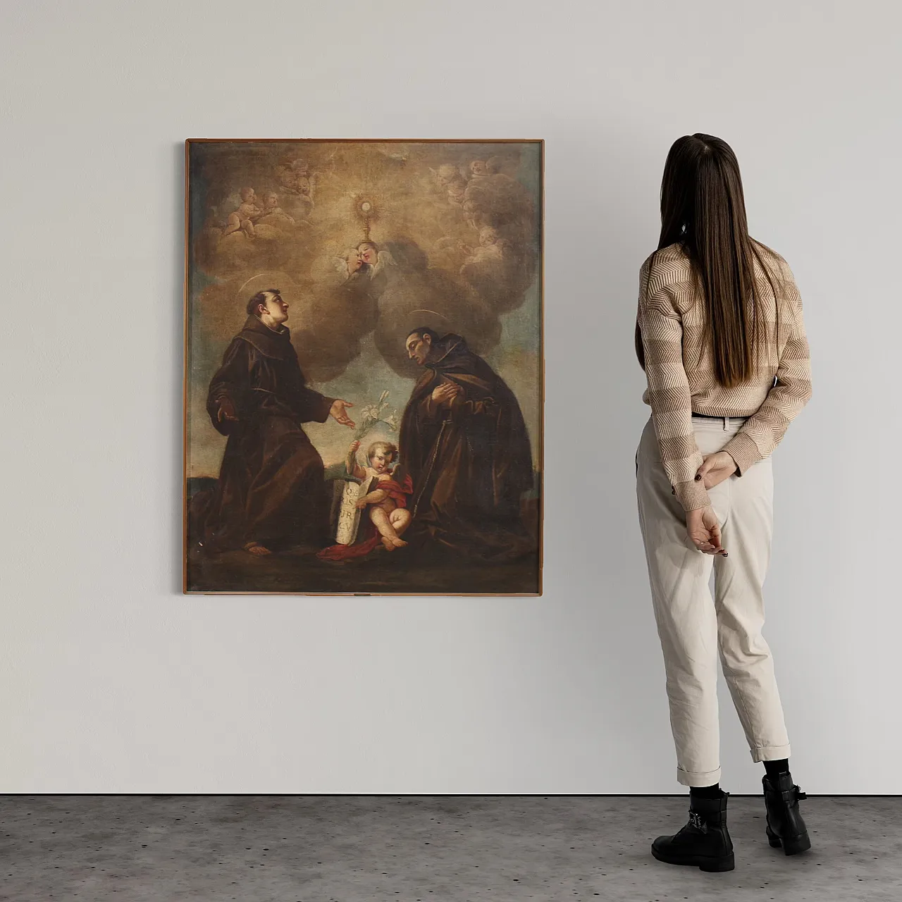 Italian painting of adoration of friars with cherubs, 17th century 3