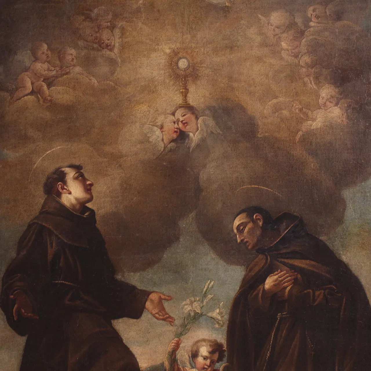 Italian painting of adoration of friars with cherubs, 17th century 4