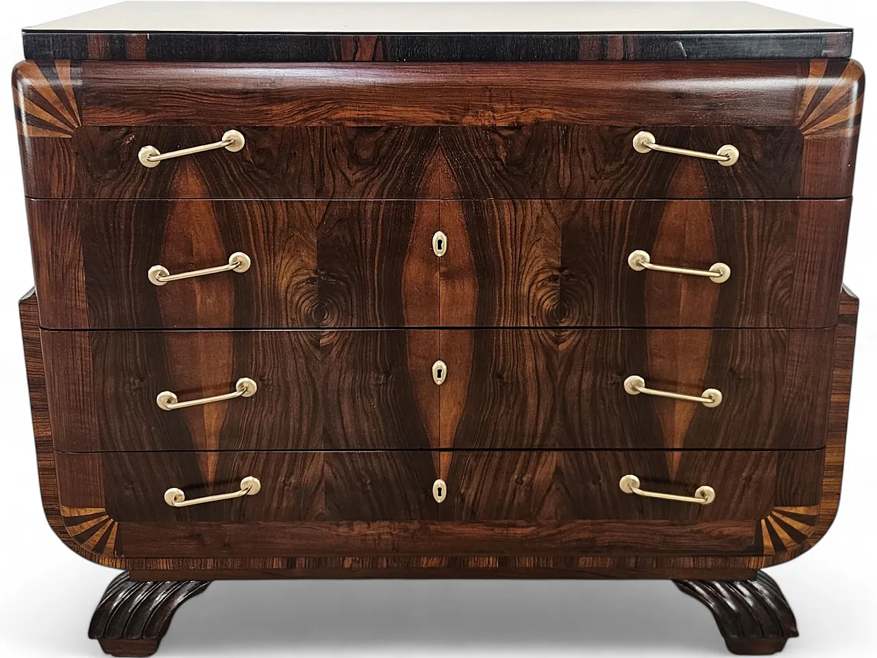 Art Deco dresser in mahogany and pink maple with mirror top, 50s 23