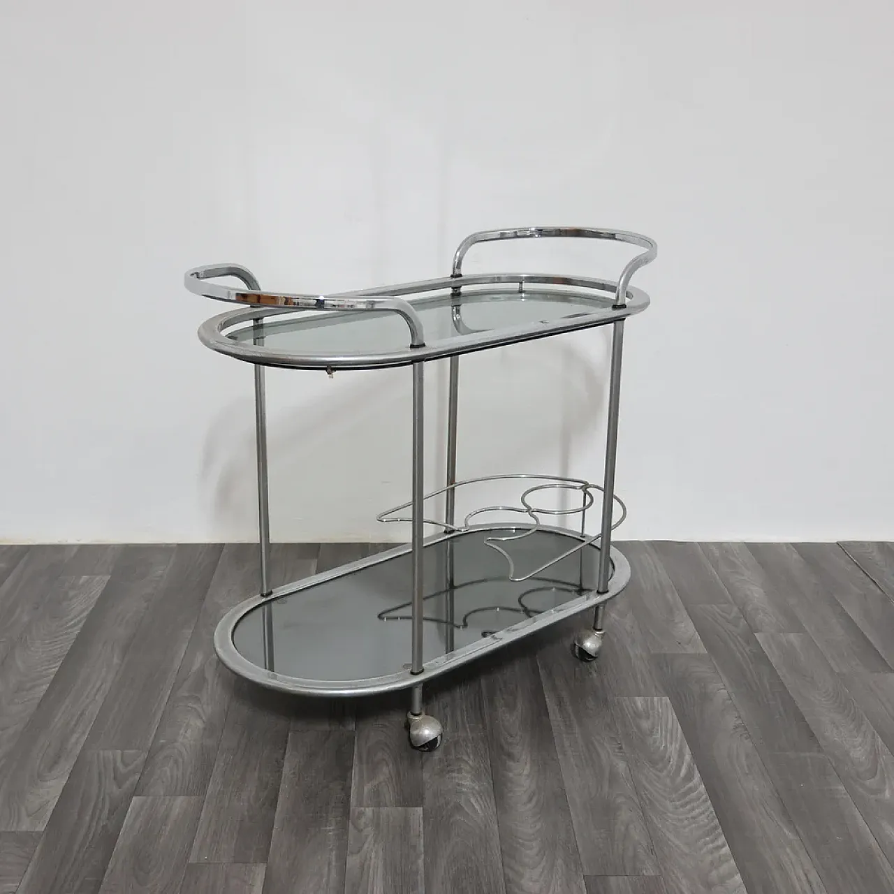 Steel food cart with two smoked crystal shelves, 1970s 1