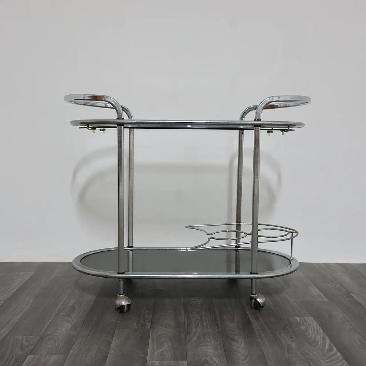 Steel food cart with two smoked crystal shelves, 1970s 6
