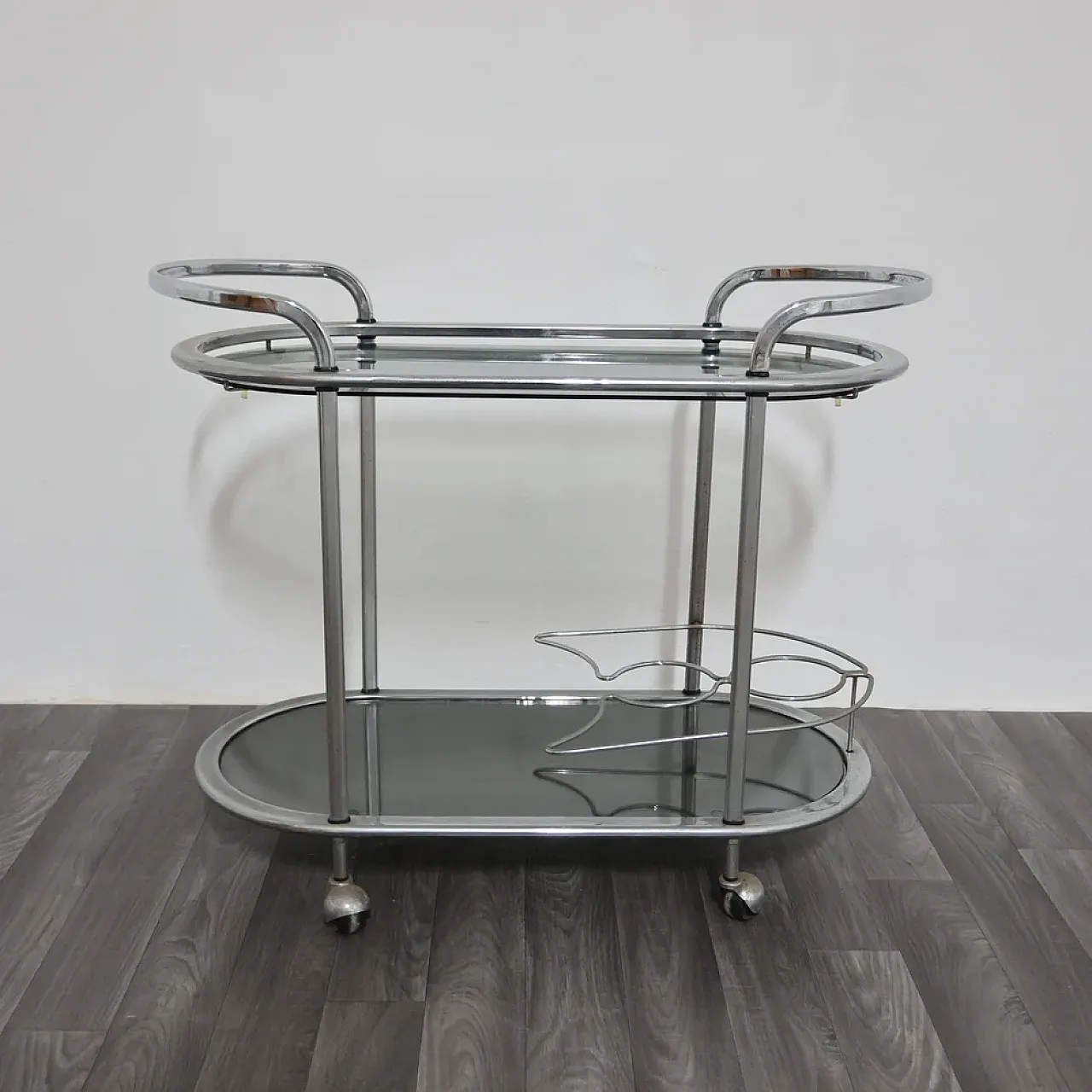 Steel food cart with two smoked crystal shelves, 1970s 7